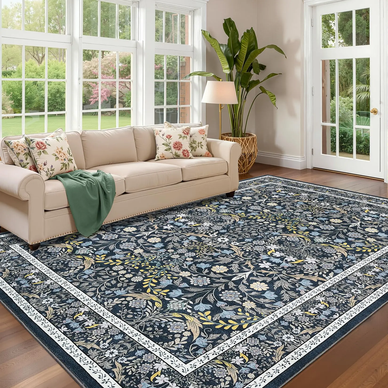 Garvee 8x10 Area Rugs for Living Room, Washable Large Floral Rug Non Slip, Soft Flower Birds Low-Pile Floor Indoor Carpet for Bedroom Dining Room Dorm Playroom Nursery (Blue)