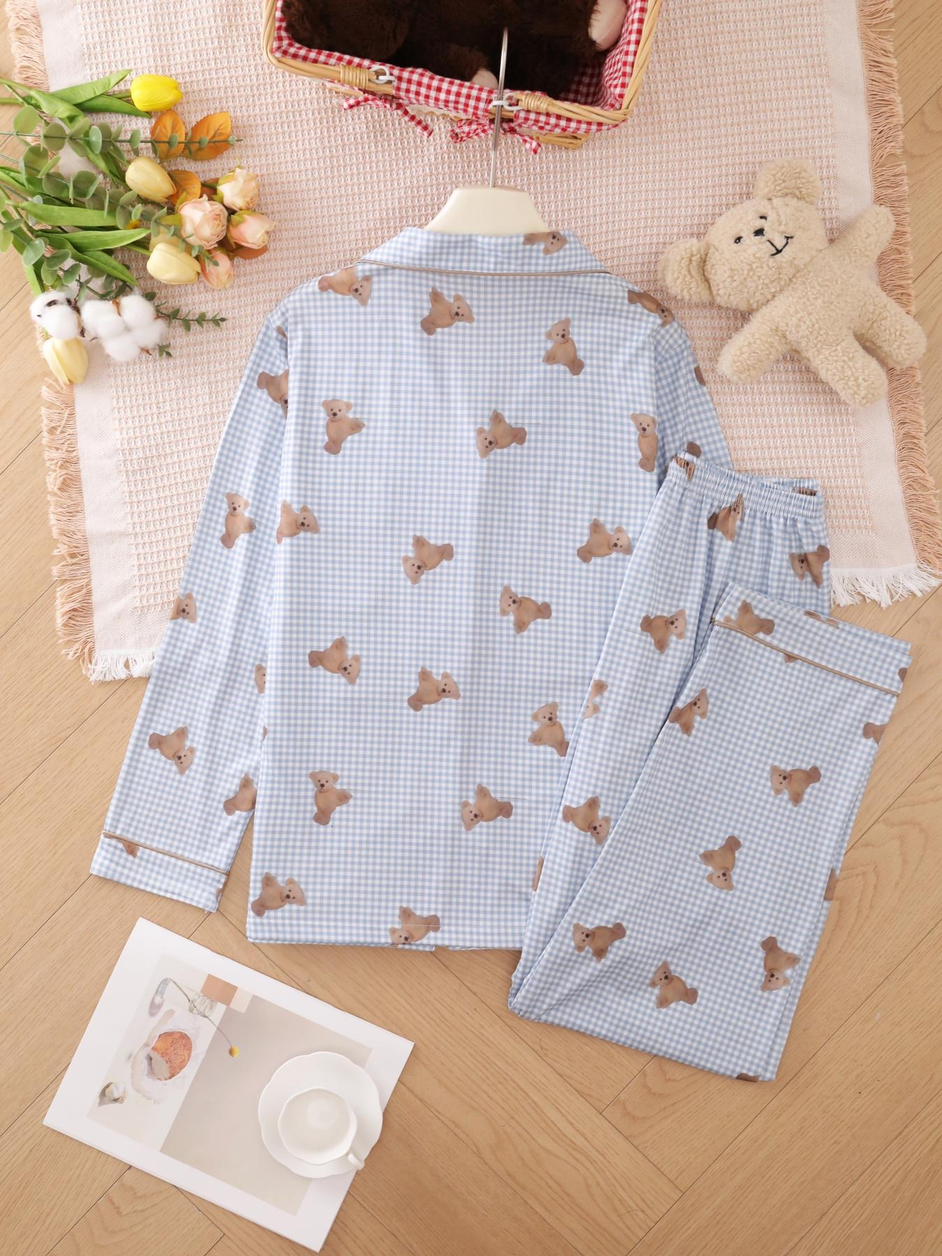 Two-piece Set Women's Heart/ Strawberry Print Pajama Set, Casual Comfy Long Sleeve Lapel Collar Top & Pants Pj Set, Valentine's Day Gift, Ladies Sleepwear for Spring & Fall, Pyjamas