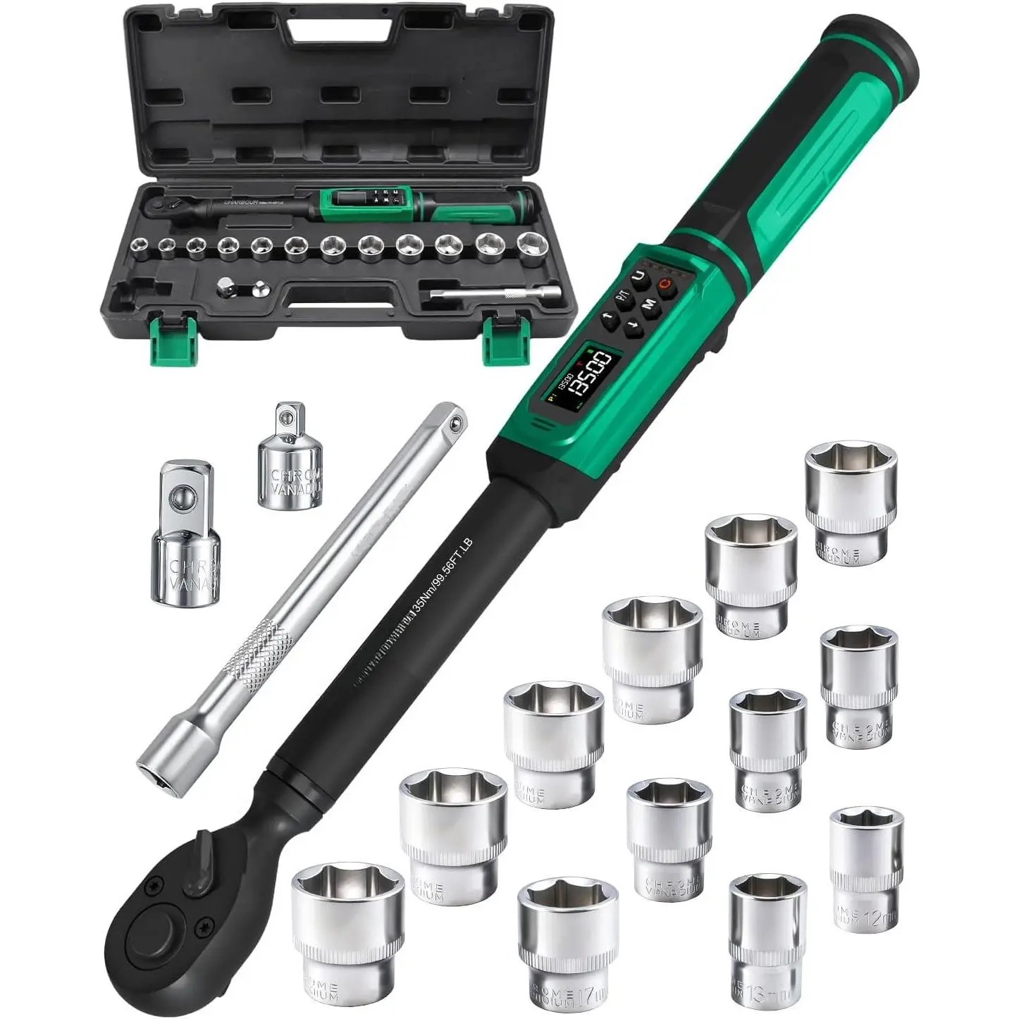 3/8" Digital Torque Wrench 1.5-99.5ft-lbs/6.8-135Nm | ±1% Accuracy Electric Wrench,  Direction Ratchet, Vibration & LED Alert