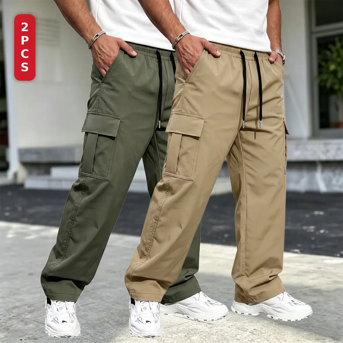 Men's Cargo Trousers 2 Piece Set, Loose Straight Leg Utility Pants with Box Flap Pockets, Gathered Elastic Waist and Round Cord, Lightweight Polyester for Work Travel Outdoor, 6 Colors