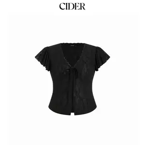 Cider Chiffon V-Neck Ruffle Sleeve Lace Panel Top Curve & Plus