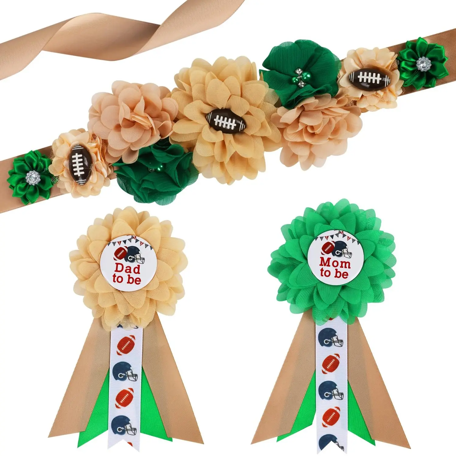 1Set Rugby Baby Shower Maternity Sash Kit  Sport Theme Baby Shower Belly Belt and Mom to Be  Dad to Be Corsage Pins New Parents Pregnancy Photo Props Party Supplies