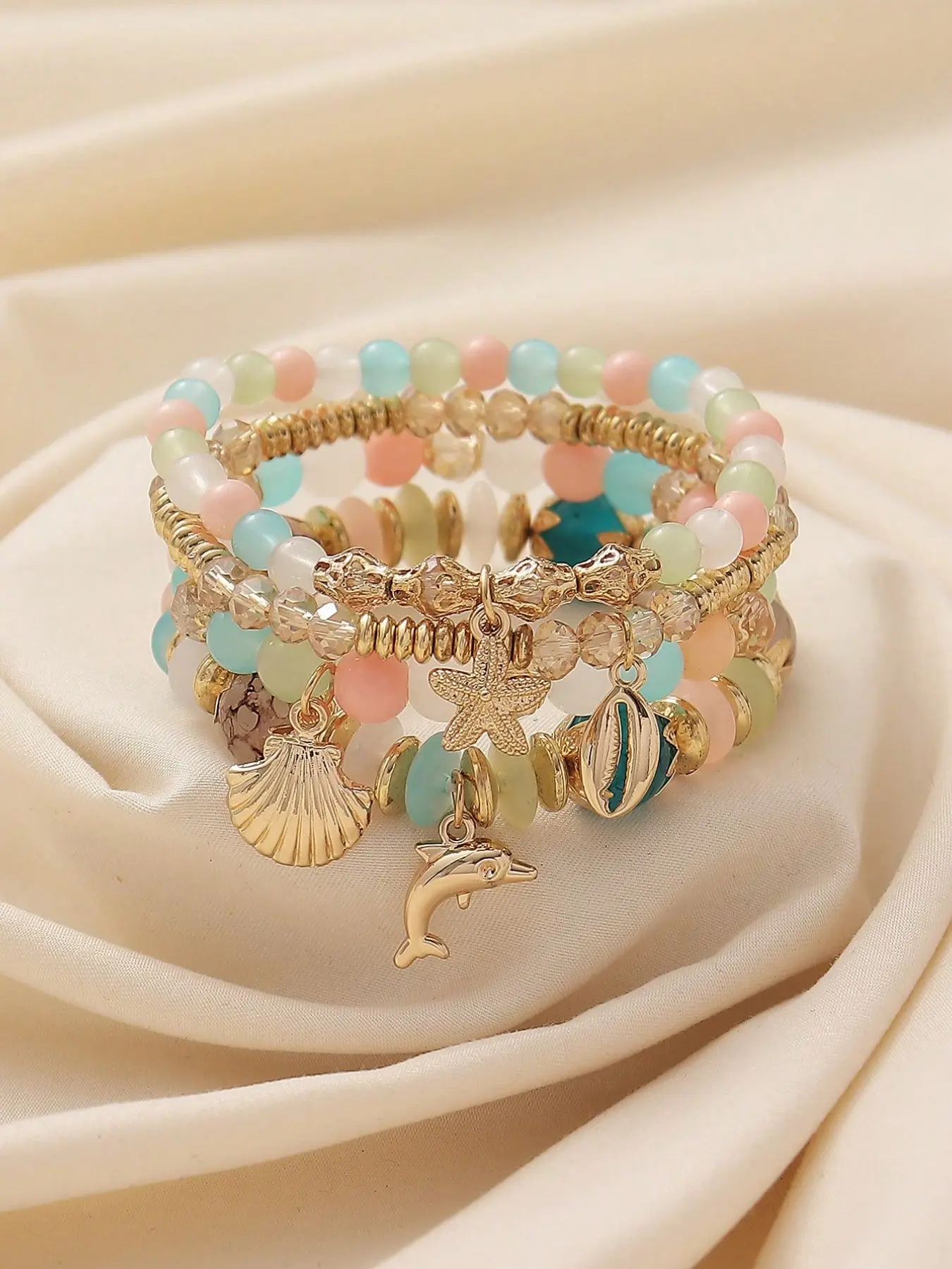 4pcs Set Bohemian Ocean Style Bracelets, Dolphin Shell Starfish Beaded, Women's Daily Vacation Date Accessory, Random Color Assortment, Aesthetic Jewelry