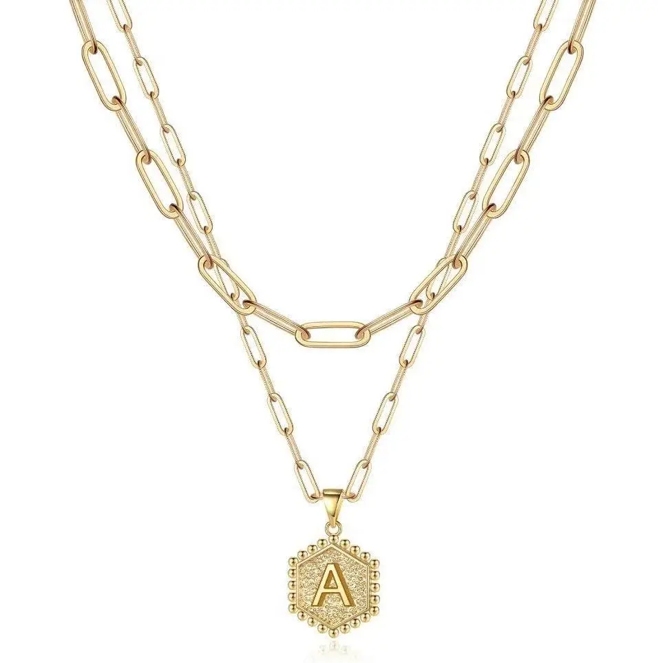 Dainty Initial Necklaces for Women, 14K-Gold-Plated Layering Necklace for Women Cute Hexagon Letter Initial Necklace Layered Necklaces for Womens Teen Girl Gifts