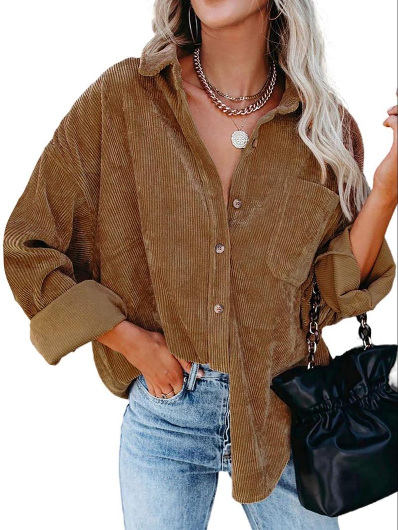 Women's Corduroy Shirt With Pocket, Drop Shoulder Style For Spring & Fall