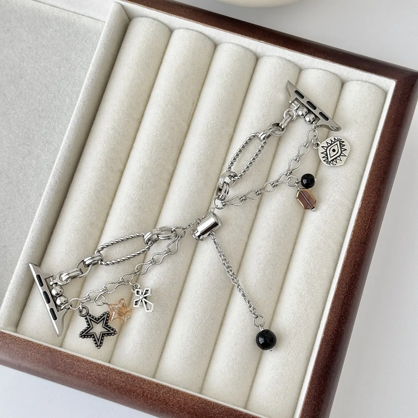 1PCS Double Layer Metal Chain Pendant Apple Watch Band, Gothic Y2K Style, Fits 38-49mm, Retro Star Cross Magic Eye Bead Charm