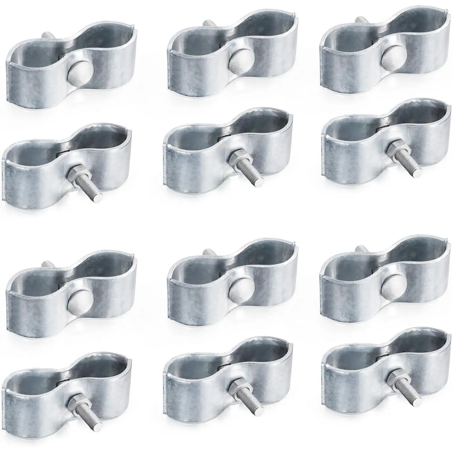 12 count 1-5/8" Chain Link Fence Panel Clamps,  Kennel Clamps for 1-5/8" OD Pipe, Galvanized Steel, for Round Pipe Panel Frame, & Nuts include