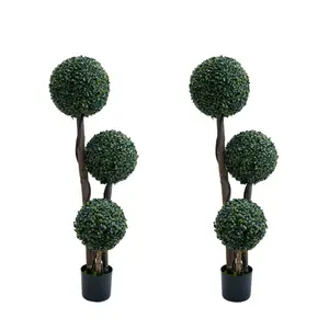2-Pack 45-Inch Artificial Milan Grass Triple Ball Topiary Trees, Deep Green, PE & Wood Stem, 3 Balls Per Tree