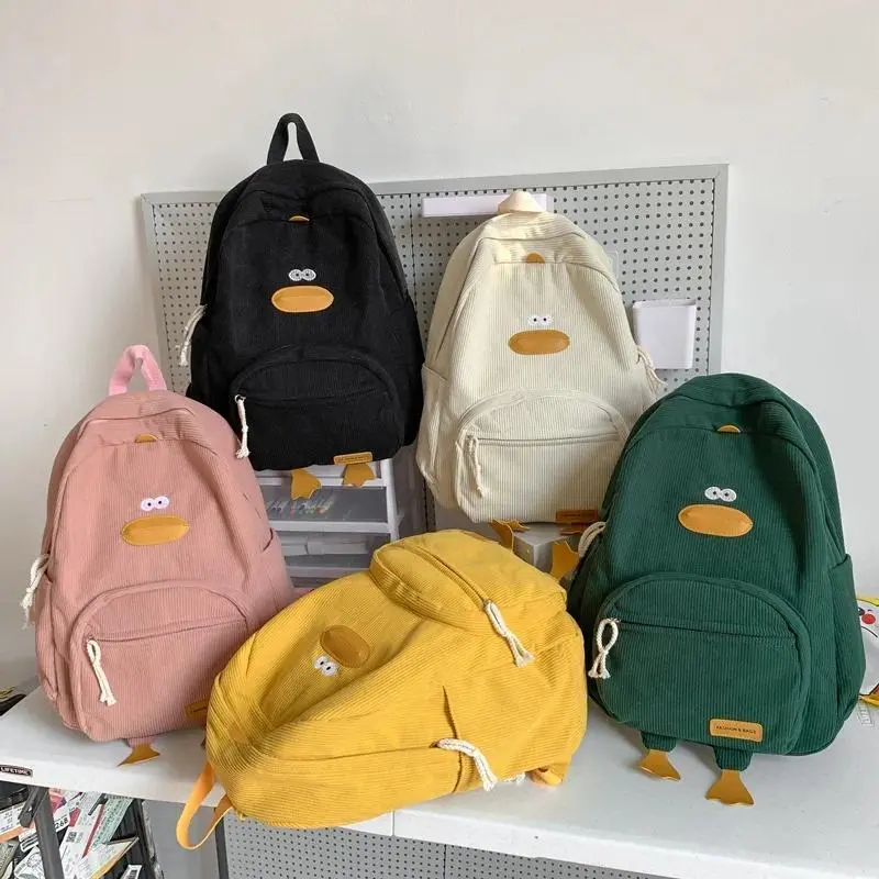 Cute Duck Face Corduroy Large Capacity Backpack with 3D Duck Feet Design Lightweight Casual Daypack for Students Teens Travel