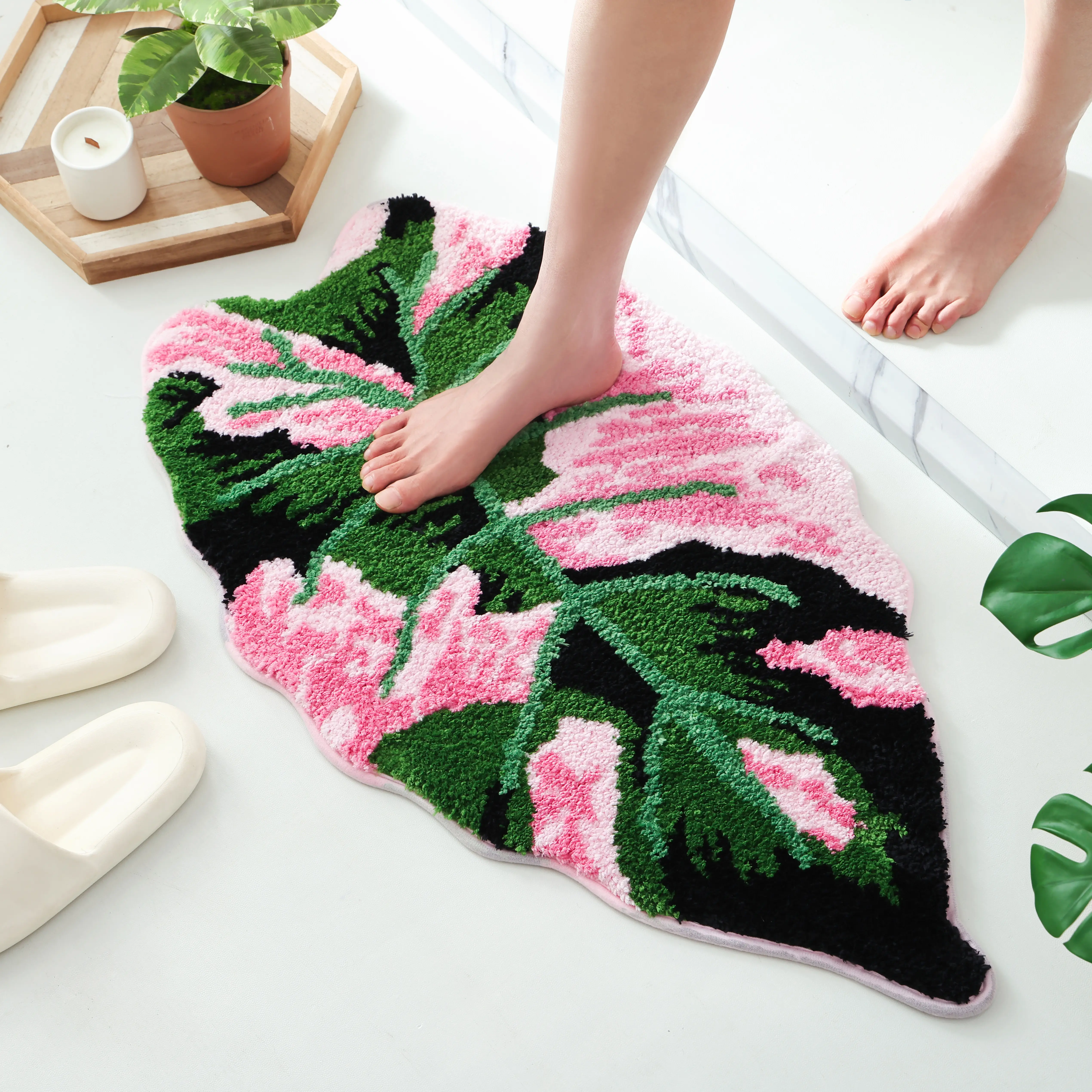 Monstera Bathroom Rug with Pink and Green Leaf Design Cute Soft Non Slip Tufted Bath Mat Palm Shaped Plush Fun Floor Mat for Bath Kitchen Bedroom Home Decor