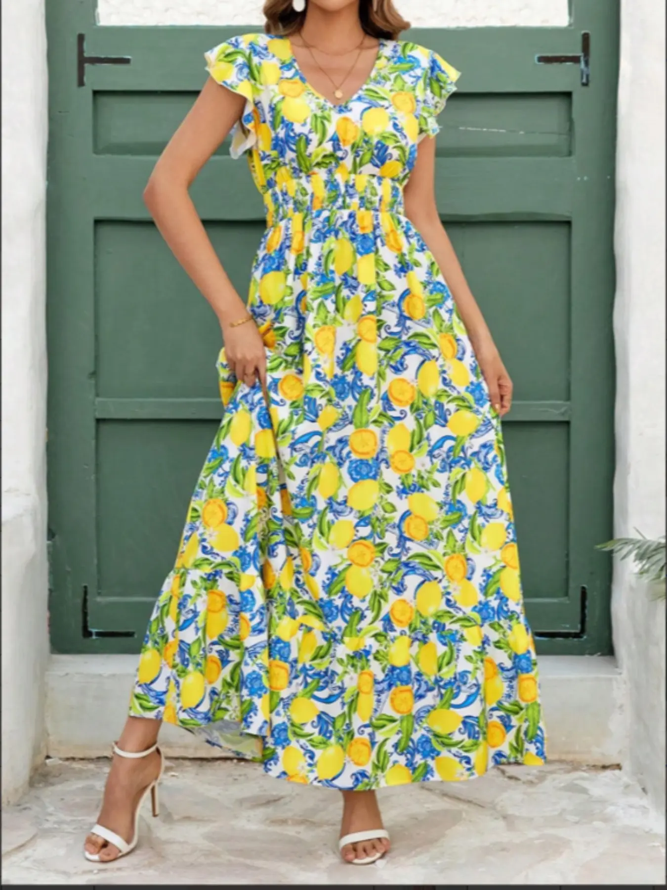 Lemon Flower Print Dress for Women, Summer V Neck Ruffle Short Sleeve, Waist Cinch Slim Fit, Medium-Length A-Line Dress, Vacation Style Long Dress