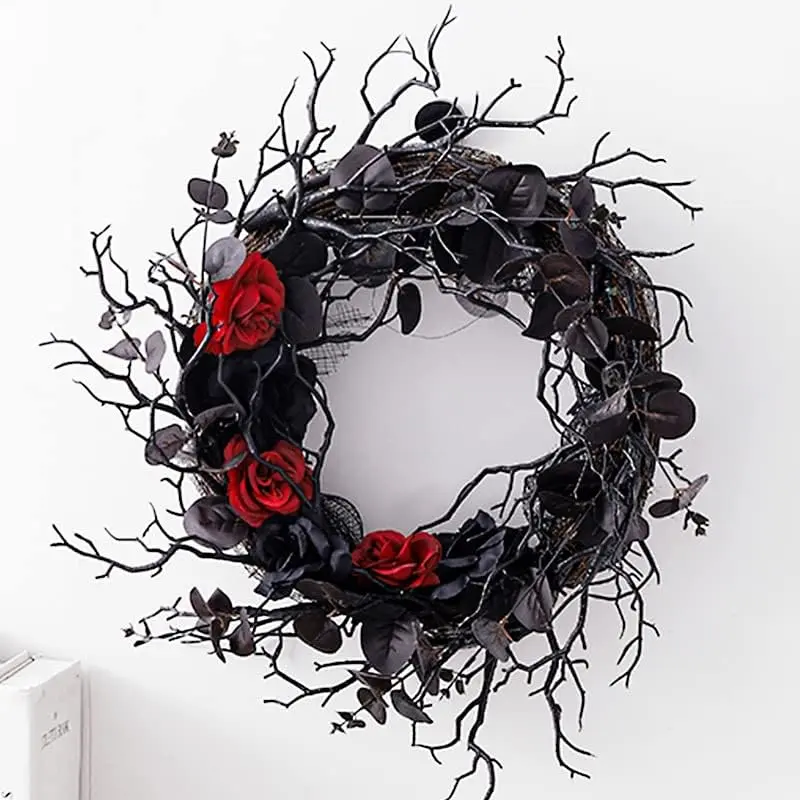 Gothic Black Twig Wreath with Red Roses, Spooky Artificial Dark Leaf Wreath, Halloween Front Door Hanging Decor for Porch Wall Party Decoration