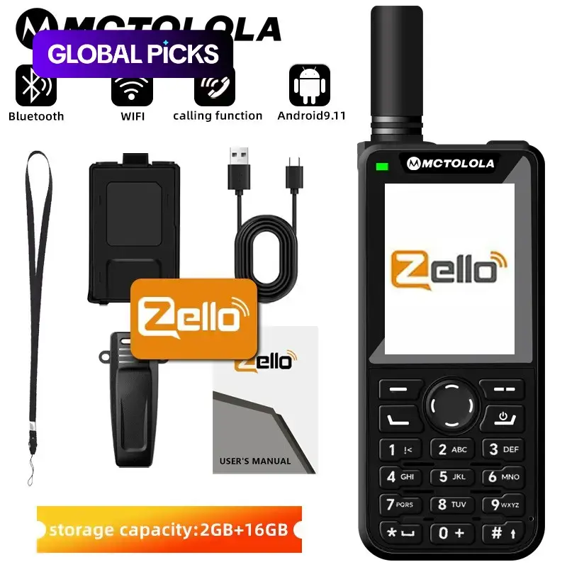 Zello Poc 2g 3g 4g Handheld Walkie Talkie with 2.4 Inch Display, Android 9.0, Supports Calling, Bluetooth-compatible, Wi-Fi, 2+16GB Memory, Rechargeable Walkie Talkies