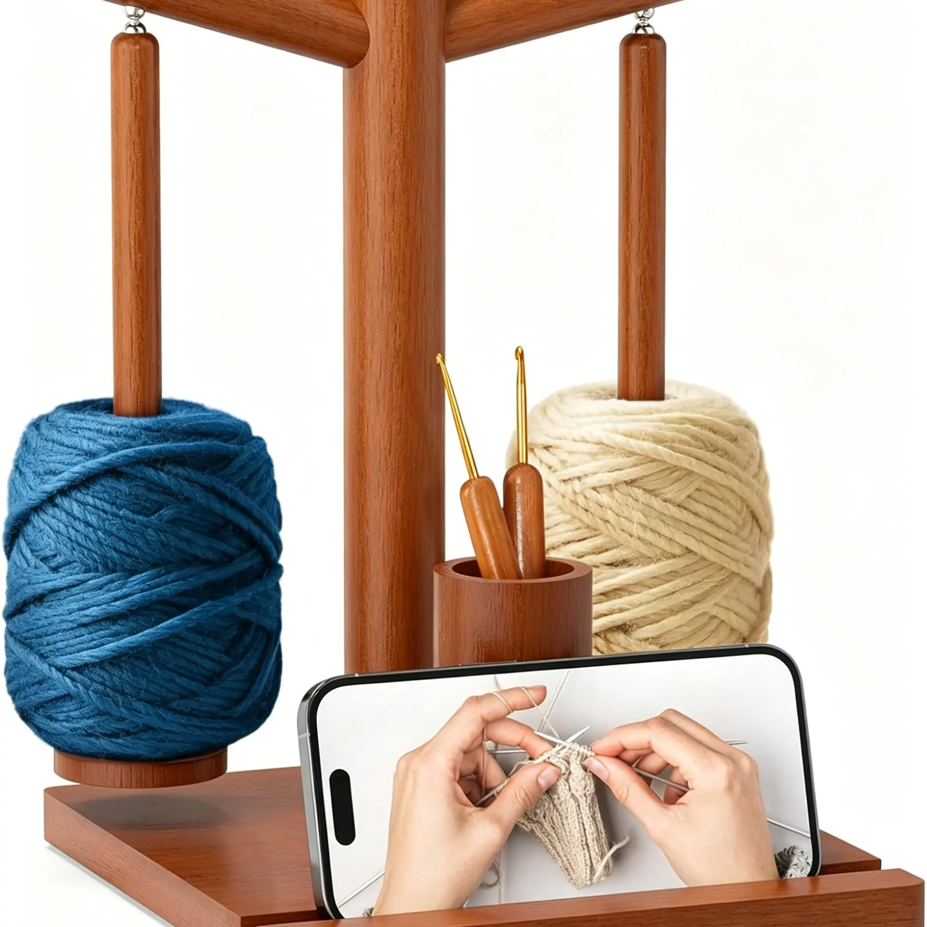 Wooden Yarn Holder for Crocheting and Knitting, Upgraded Magnetic Rotating Yarn Spinner with 2 Spindles, Perfect for Crocheting and Knitting Lovers, Rotation