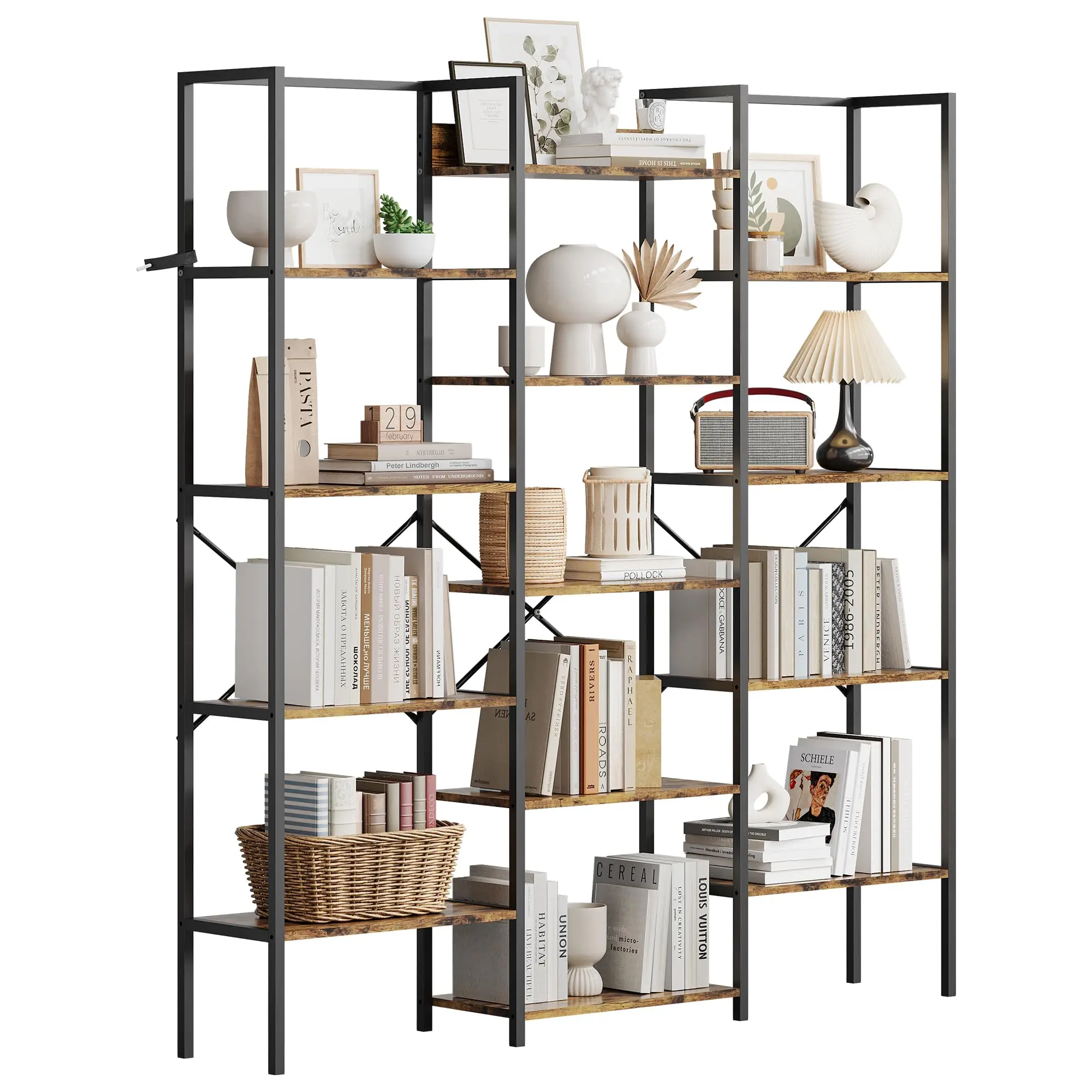 Garvee Triple Column 5-Tier Rustic Industrial Bookshelf with 14 Display Shelves, Modern Wide Large Bookcase Ideal for Living Room, Home, and Office in Rustic Brown Finish