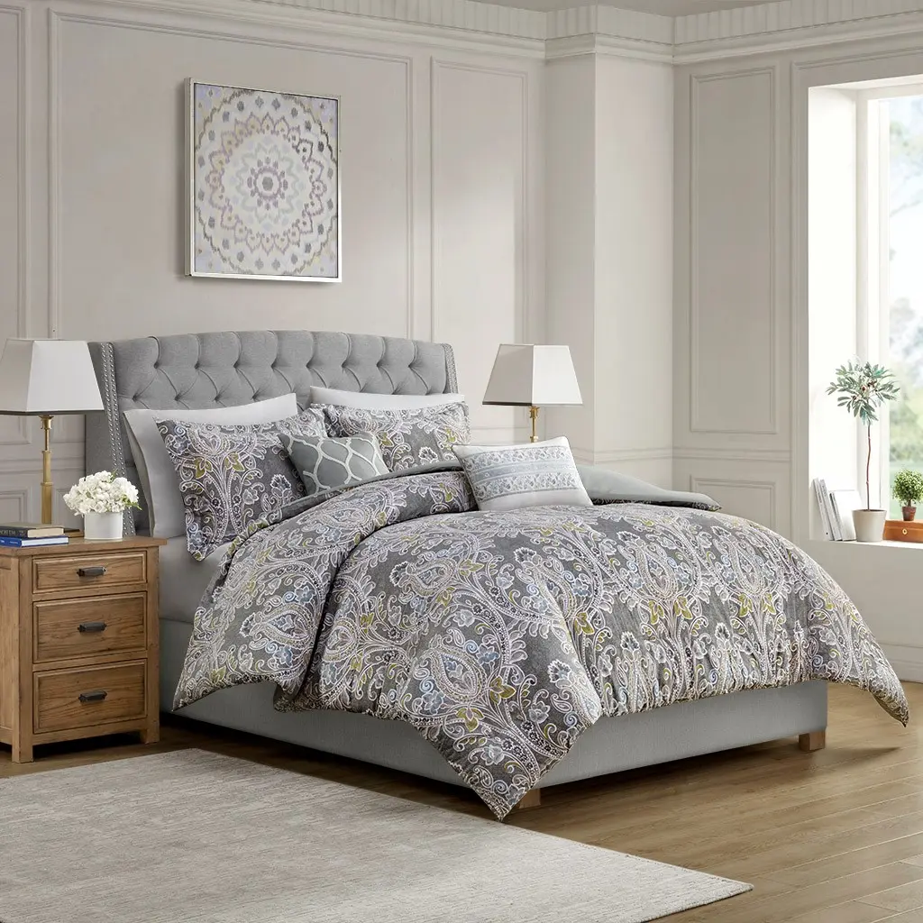 Nokaa 5 Piece Cotton Duvet Cover Set King Size Bedding with Damask Pattern, Button Closure, Hypoallergenic Pillows, Oeko-Tex Certified, Machine Washable