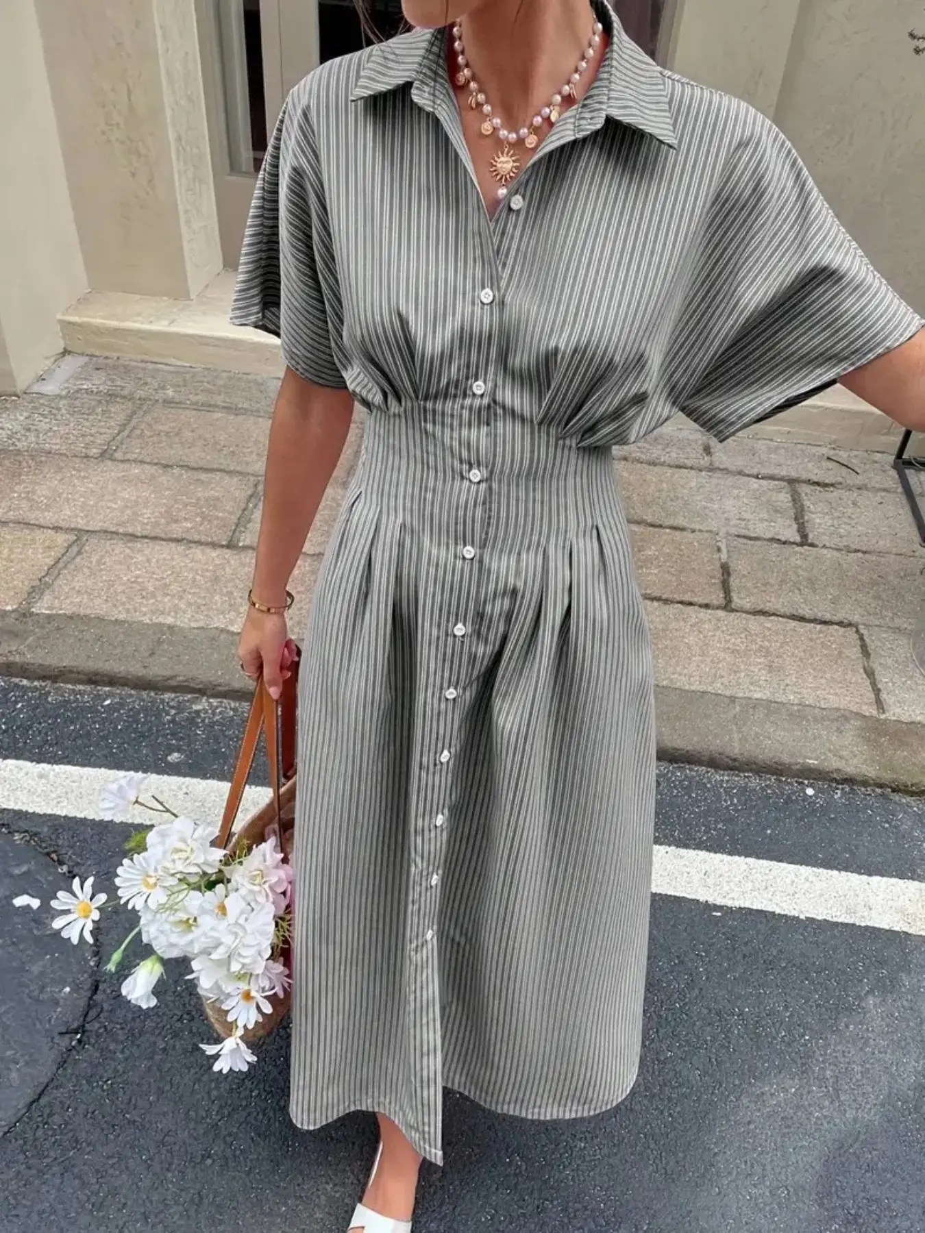 Women’s Casual Button Down Midi Dress, Striped Collared Short Sleeve, Cinched Waist, Flowy a Line, Beach Resort Cruise Wear, Spring Summer