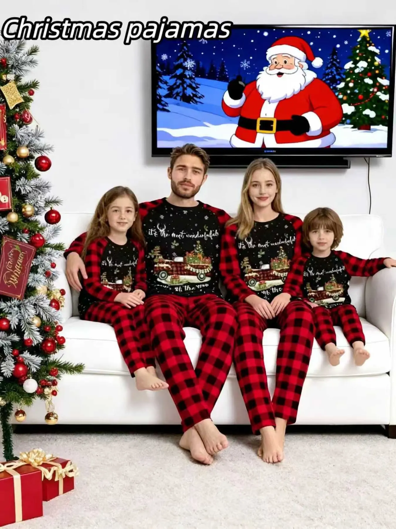 2-Piece Christmas Pajama Set, Plaid Couples Sleepwear, Men Women Kids Holiday, Casual Loose-Fit, All Seasons