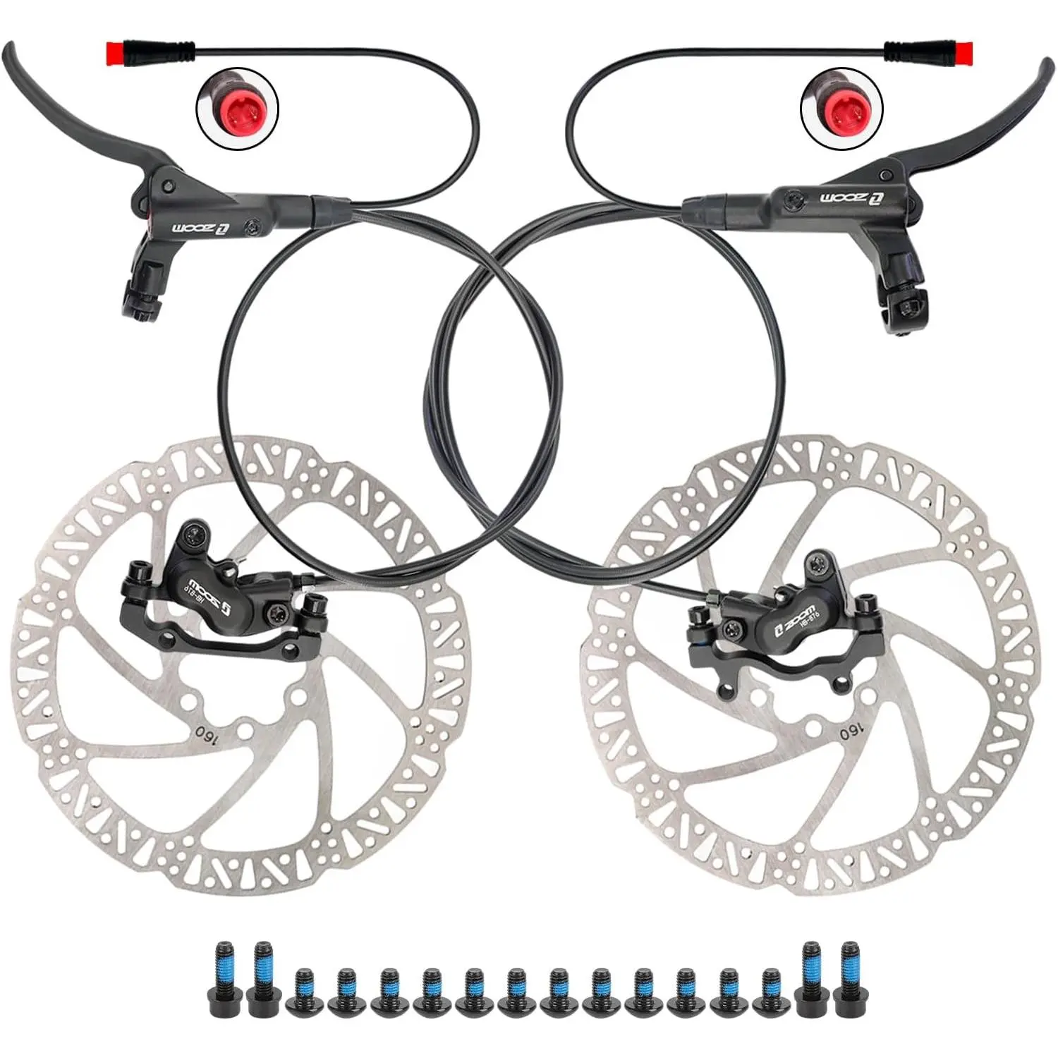 ZOOM HB876E Hydraulic E-  Kit – 4- Calipers | with 2/3-Pin Power Cut-Off Sensor, Pre-Bled with Mineral Oil, Includes 160mm Rotors