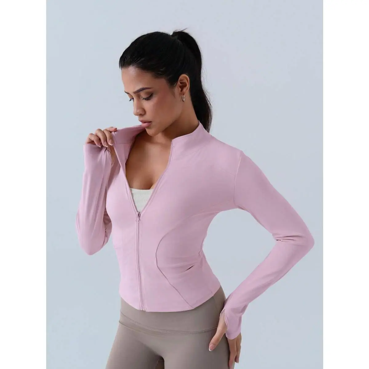 Women's Fitted Cut Zip-Up Front Female Jacket - Long Sleeves, Stretch Fabric, Thumb Hole, Solid, Pocket, BBL Activewear for Gym & Casual Wear, Standard Sizes