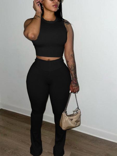 Women's Solid Crop Top & High Waist Skinny Pants Two-Piece Set, Casual Fashion Cozy Two Piece Outfits for Daily Outdoor Wear, Women Clothes for Summer