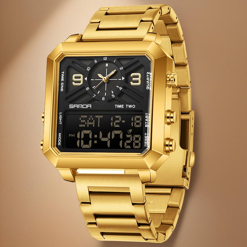 Men's square multifunctional dual screen watch with 3 time zones, stopwatch, alarm clock, countdown and other functions, 30MW waterproof and night light, multiple styles suitable for sports, business and daily wear
