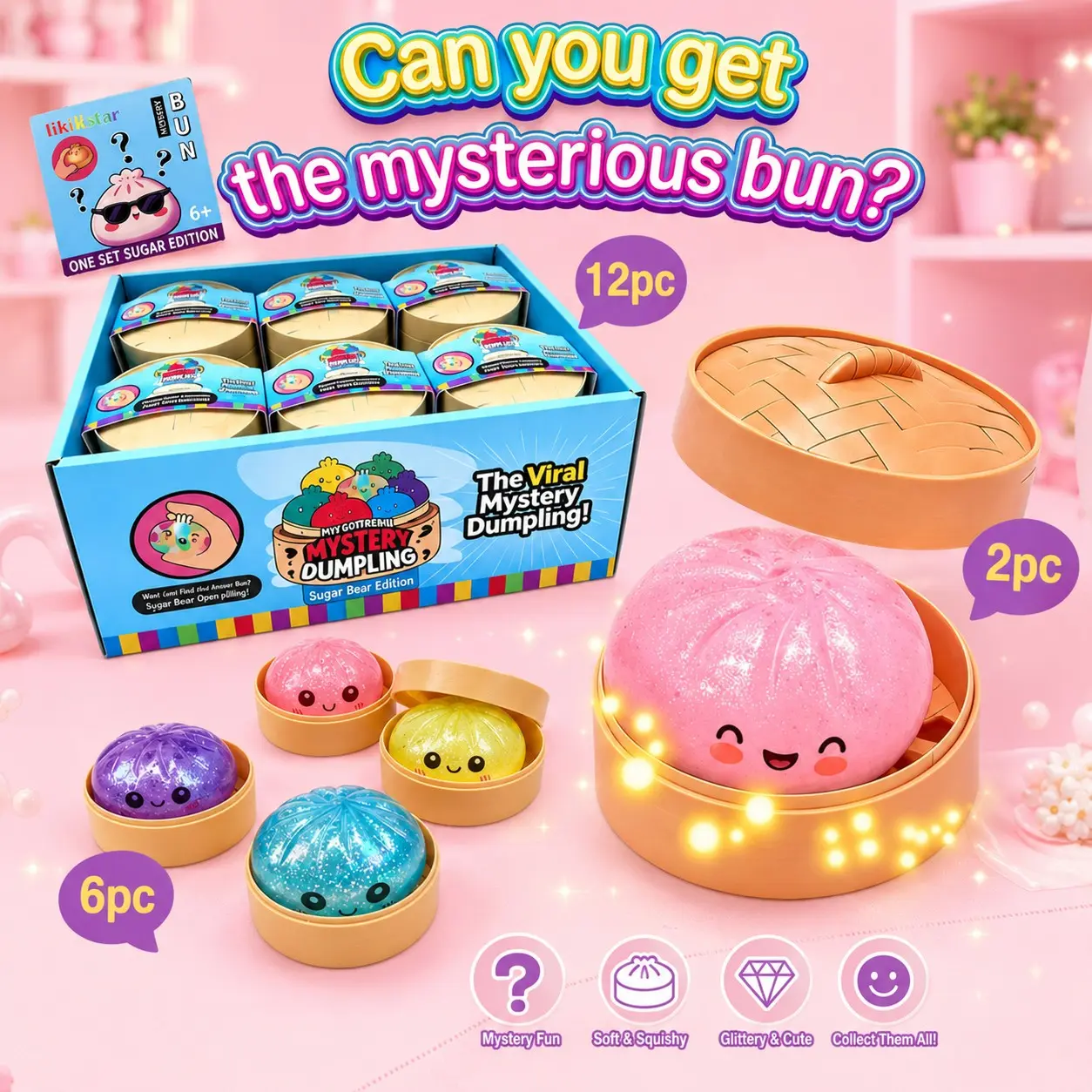 2/6/12pcs Surprise Blind Box Collection with Glossy Shiny Dumpling Baozi Squishies, Soft Sensory Pinch Fidget Gadget to Ease Mental Tension, Rare Exclusive Collectible Minimalist Workspace Ornament Portable Decompression Gift for Squishy Lovers