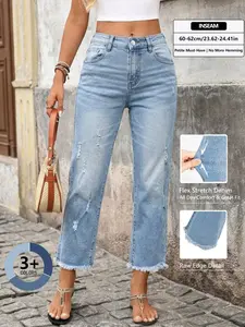 Women's Loose-Fit Cropped Ripped Jeans, Casual Elastic Fabric Denim Pants Streetwear All-Season, Perfect for Outings and Dates