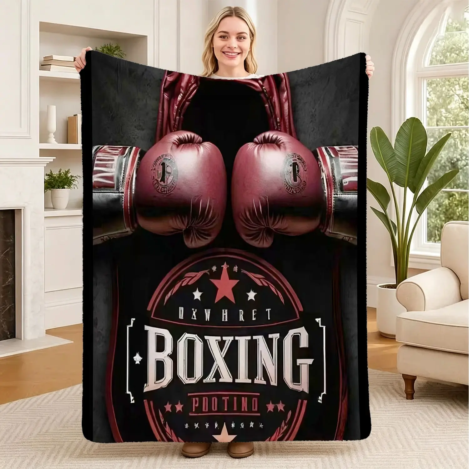 Retro Boxing Glove Print Flannel Blanket, Boxing Theme Blanket Throw Soft, Fluffy, And Warm Suitable For Outdoor Activities, Gifting, Living Rooms, Sofas, Offices, Camping, And Travel，Soft And Comfortable Multi-Functional Gift Blanket