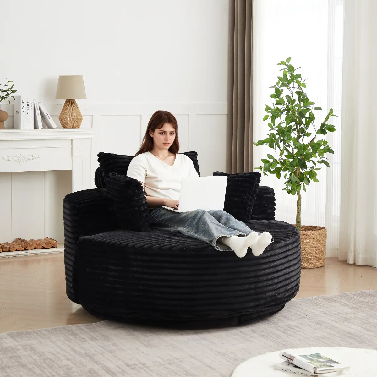 55'' Swivel Chair Oversized Round Chair Lounge Chaise Indoor, Corduroy Foam Single Swivel Chair Fluffy Modern Sleeper, 360 Degree Swivel Chair for Living Room, Bedroom, Lounge and Projection Room