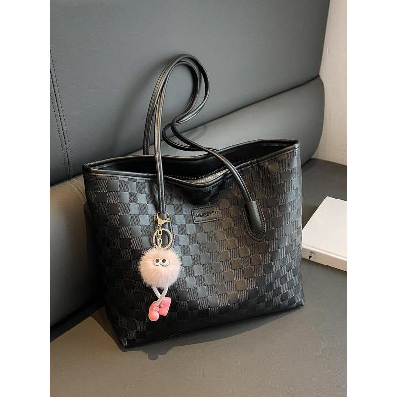 Women's Checkered Embossed Large Capacity Tote Bag, Cute Pom Pom Keychain, Zipper Closure, Versatile Daily Shoulder Bag for American Fashion Lovers Women's Checkered Embossed Large Capacity Tote Bag, Cute Pom Pom Keychain, Zipper Closure, Versatile Daily Shoulder Bag for American Fashion Lovers
