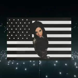 1pc a Bill Kaulitz And Tokio Hotel Fan Wall Flag Featuring a Black And White American Flag Design with Band Artwork, Measuring 36 Inches by 60 Inches. This Premium Fabric Decor Is Suitable for Both Indoor And Outdoor Use