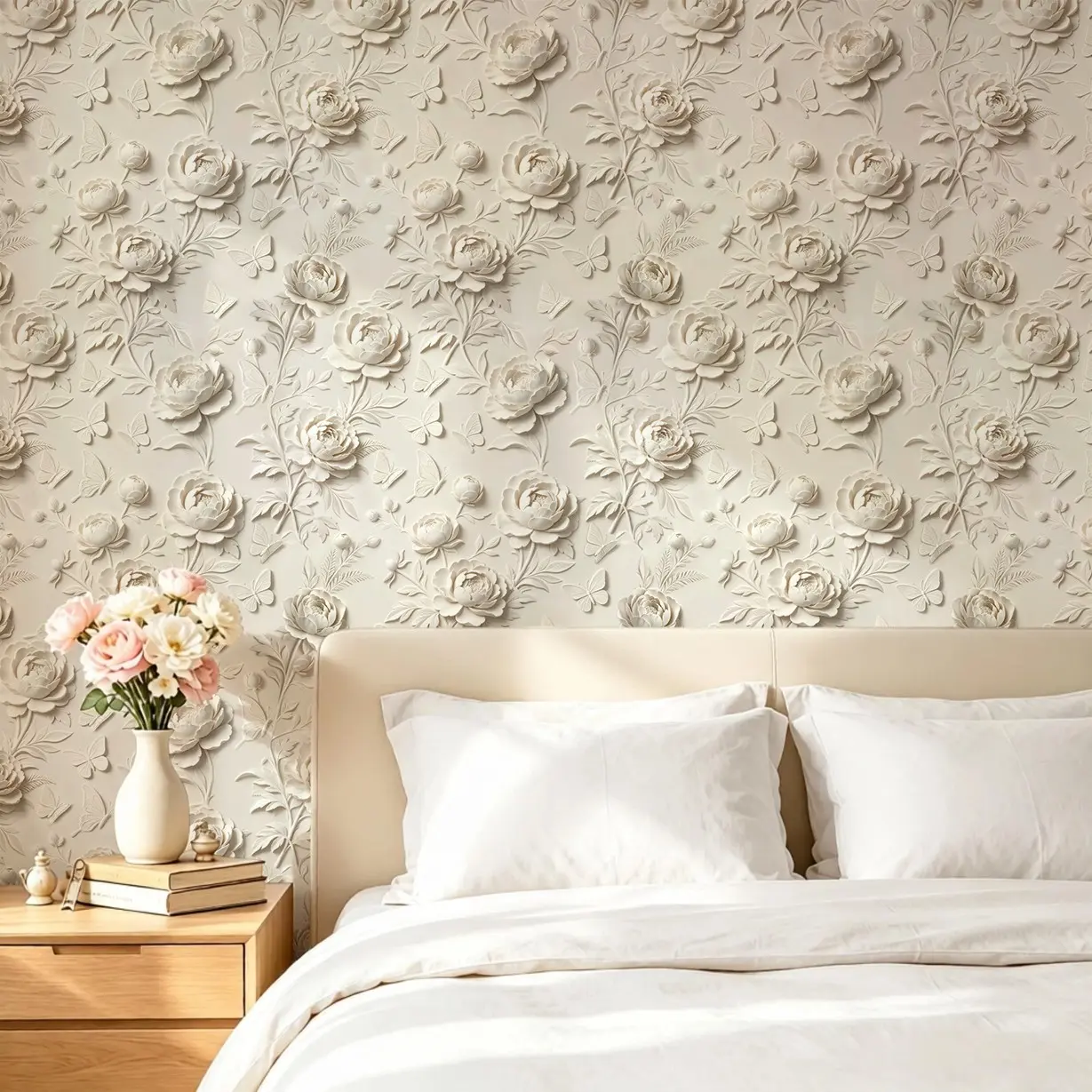 Cream Floral Butterfly Self-Adhesive Wallpaper, Removable Elegant Rose Wall Art, Modern High-Quality for Living Room, Bedroom, Bathroom