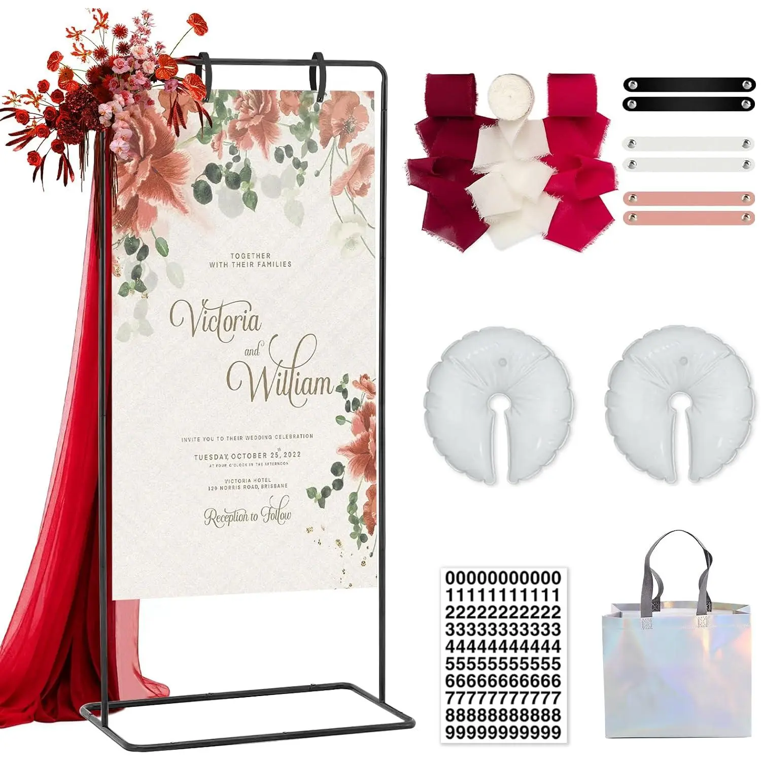 Modern Adjustable Height Large Size Metal Frame Wedding Welcome Sign Stand - Black Wedding Theme Sign Holder Easel with Design Bundle, Leather Straps, Water Bag, Ribbon for Party Poster Display