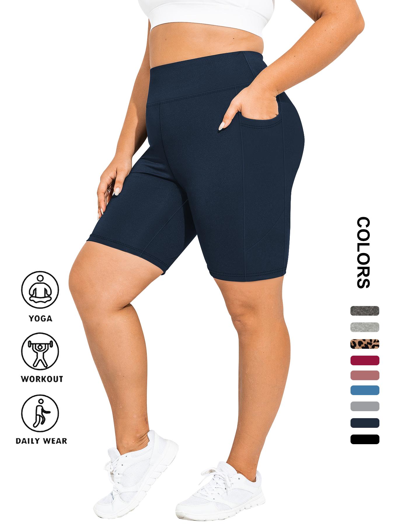 【Plus Size】 Plain / Leopard Print Pocket Design Skinny Short Leggings, Casual Comfy Breathable High Waist Short Leggings for Daily Wear, Women's Bottoms for Summer, Womenswear, Bodycon Shorts, Athletic Yoga Shorts