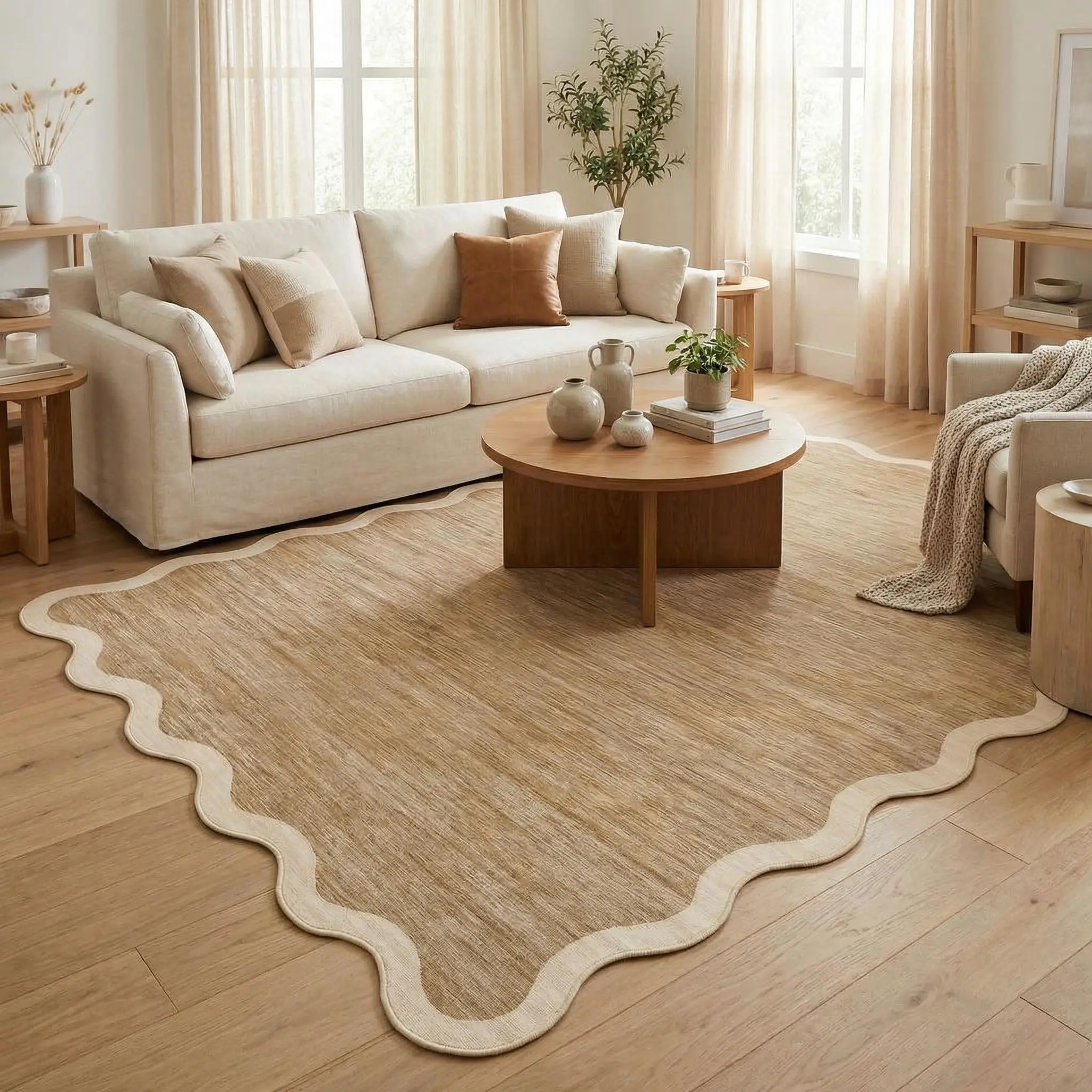 1-Piece Polyester Fiber Modern Solid Minimalist Low-Pile Area Rug - Wavy-Edge, Washable, Soft, Non-Slip Home Decor Rugs for Living Room, Bedroom, Living Room Rugs