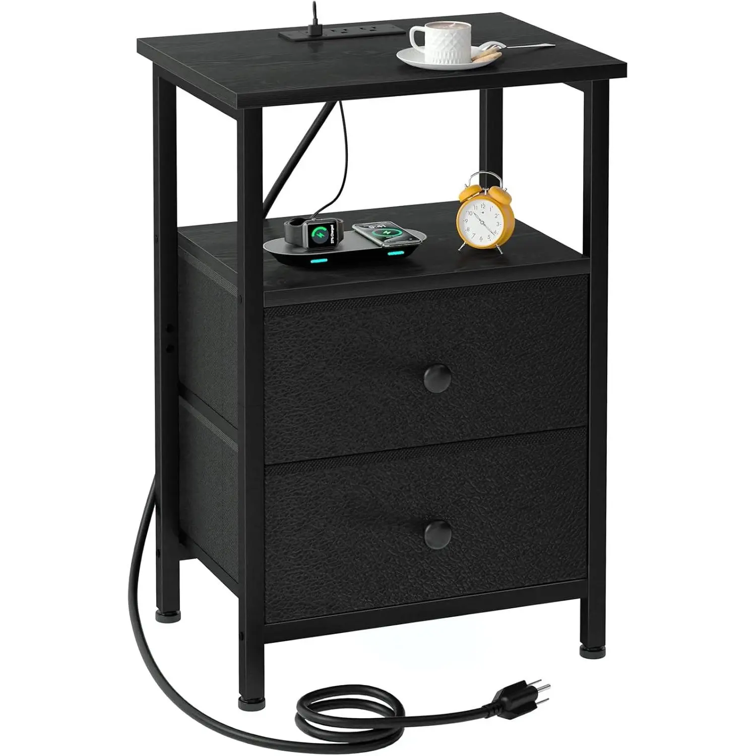 Nightstand with Charging Station, Slim Industrial Bedside Table with 2 Fabric Drawers, Small End Table with USB & Type-C Ports for Bedroom, Black, HETS020BK-1