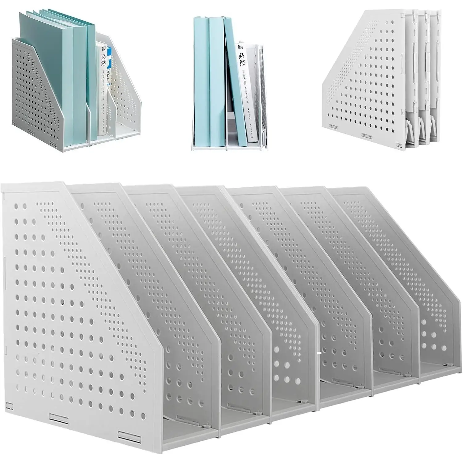 2Pcs Collapsible Plastic Magazine File Holder Vertical Binder Storage Organizer for Desk Sturdy Upright Desktop Magazine Organizer Folder Rack for Office School Home (3 Compartments, Gray)