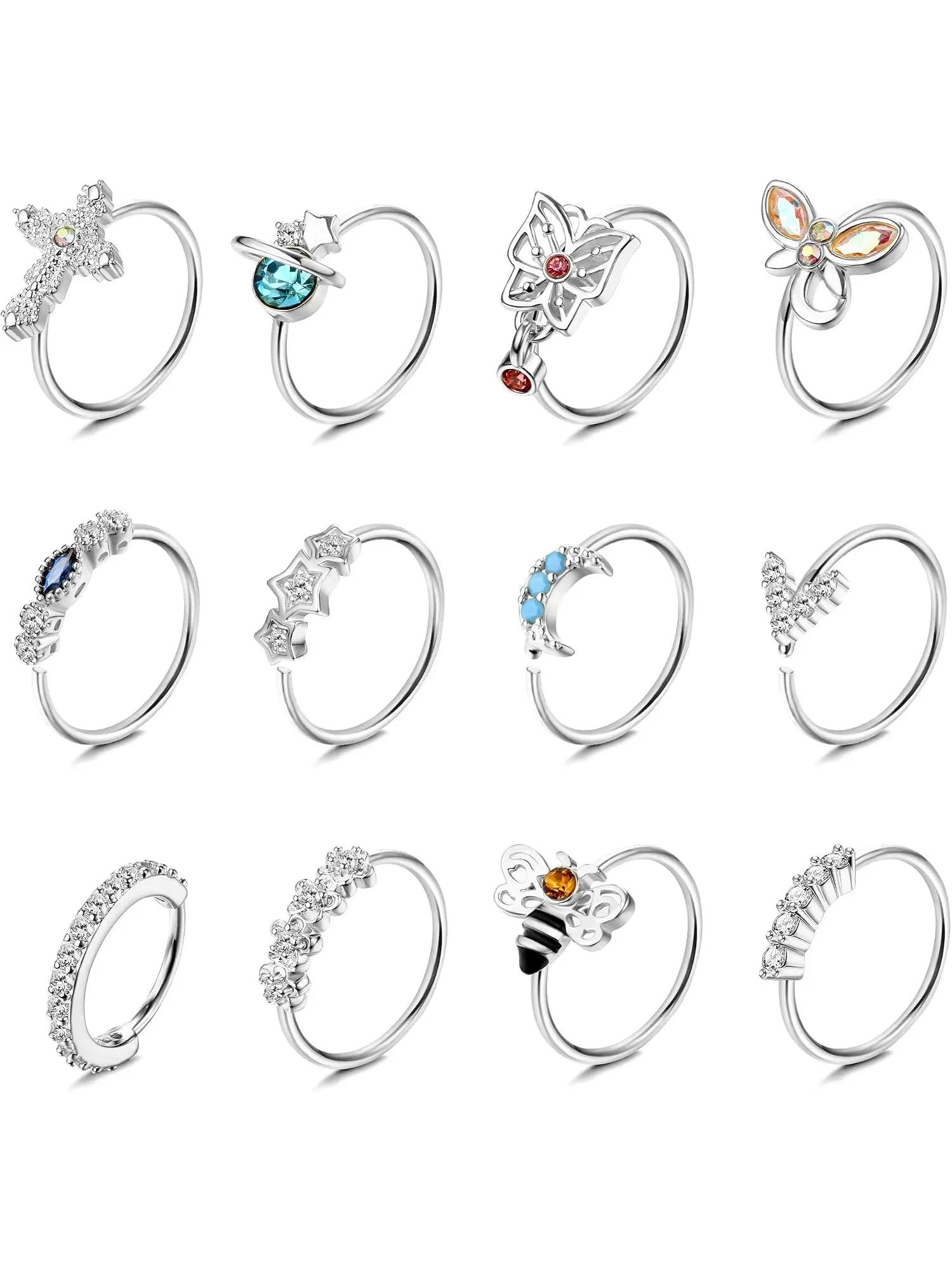 12PCS Women’s 20G Surgical Stainless Steel Nose Hoop Ring Set, Dangle Nostril Piercing Hoops Multi-Use Cartilage Ear Piercing Jewelry Daily Festival Gift