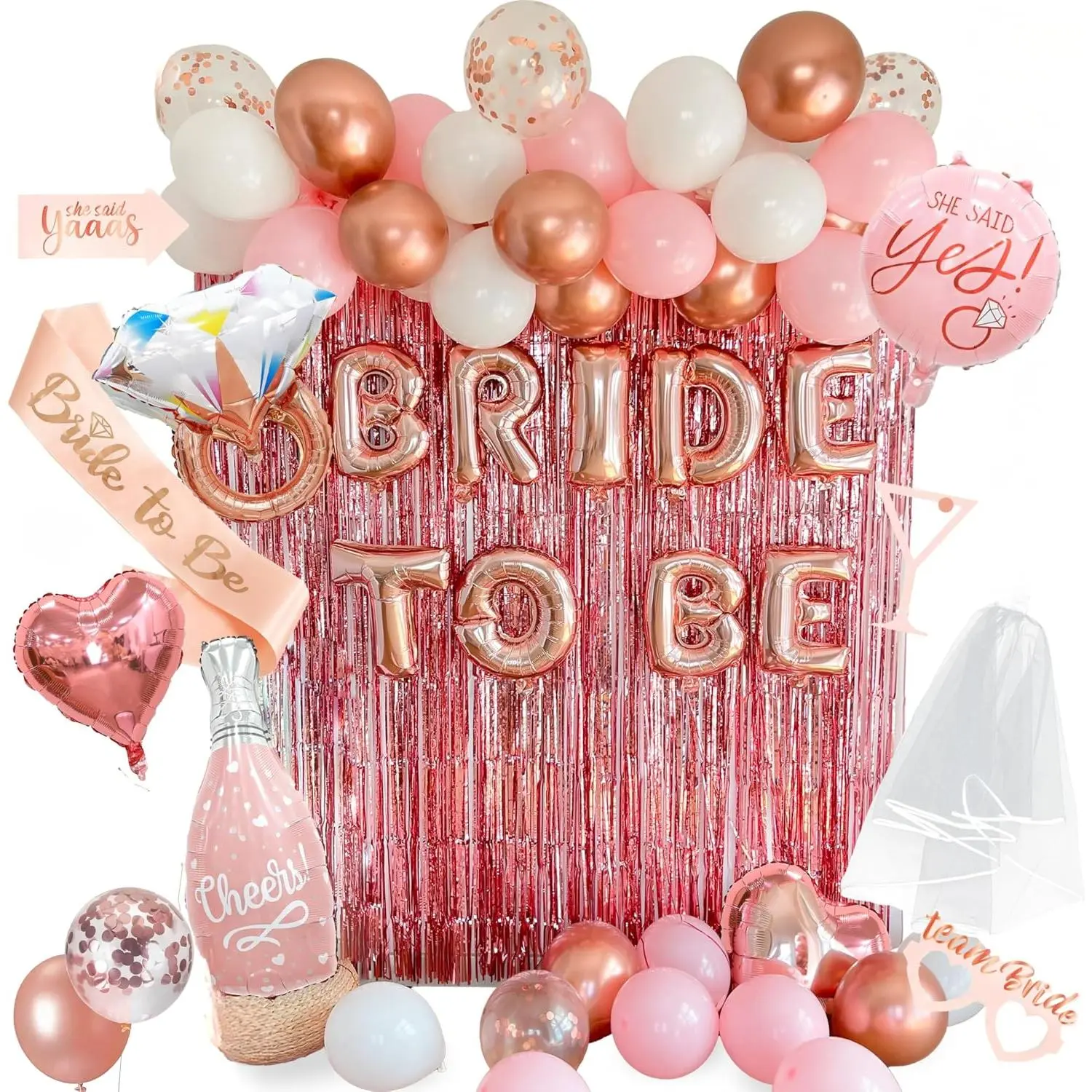 Rose Gold Bridal Shower Decorations, 62-Piece Pink Bachelorette Party Decorations with Bride to Be Banner, Confetti Balloons, Bride Sash, Veil, Fringe Curtain & Photo Props