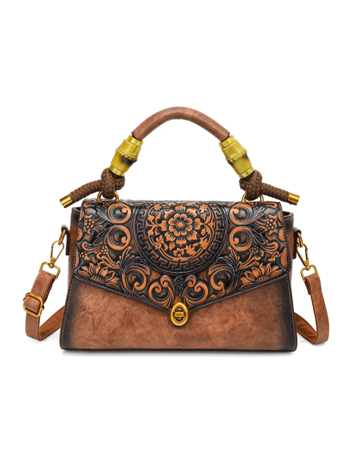 High-Quality Vintage PU Leather Crossbody Shoulder Bag, Adjustable Strap, Ethnic Pattern, All Seasons, Perfect for Daily Use and Travel