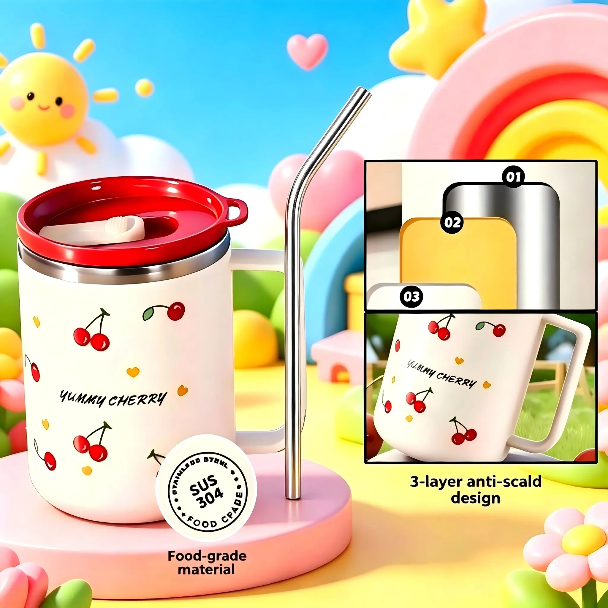 New Cute Cherry Stainless Steel Insulated Cup, Coffee Mug, Breakfast Cup, Tumbler, Suitable for Home, Office, School Use