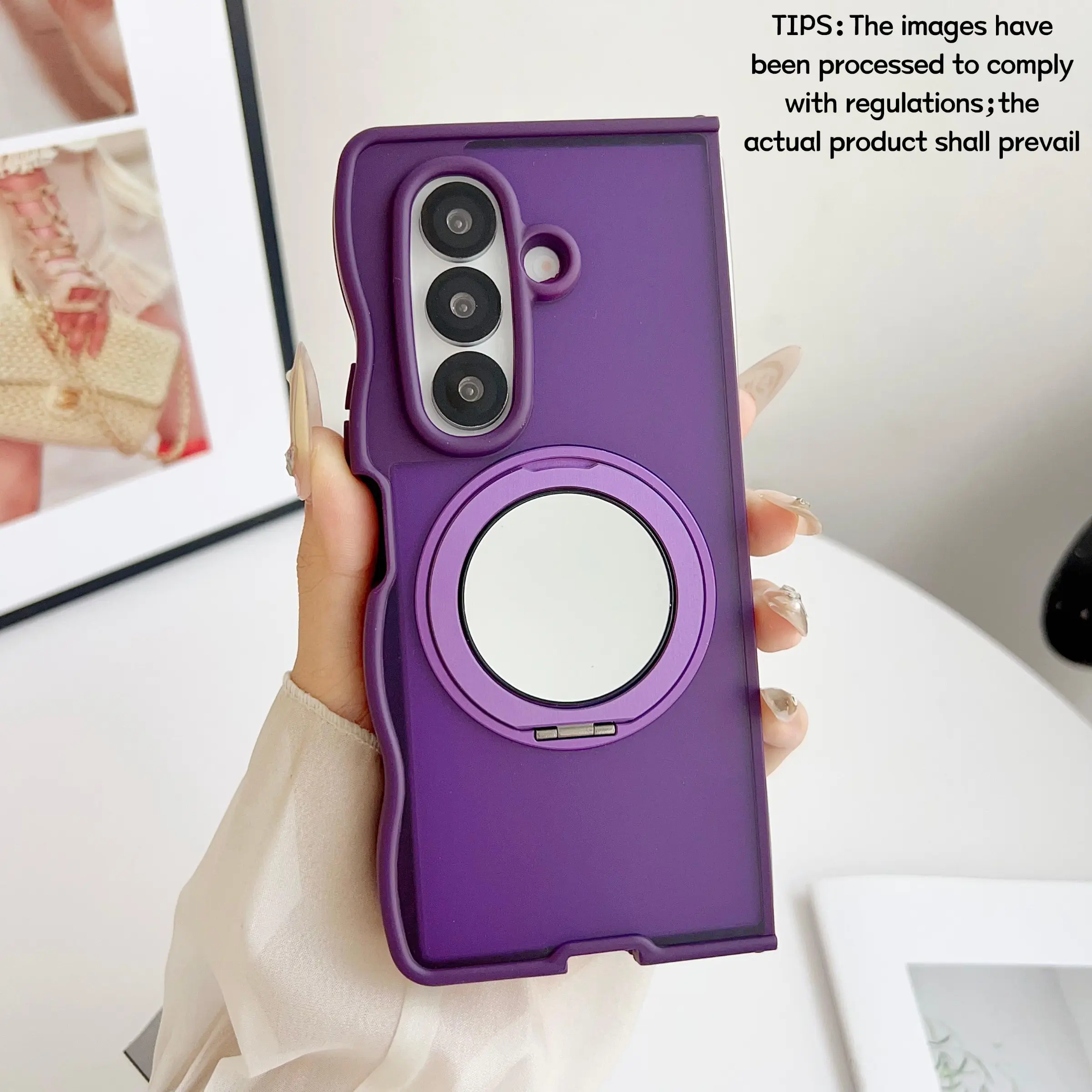 Large Wave & Rotating Magnetic Mirror Stand Phone Case Cover, magnetic support for wireless charging, for Samsung Galaxy Z Fold 4/5/6/7, combines makeup touch-up and stand functions, suitable for commuting and business trips, a protective case, Protection