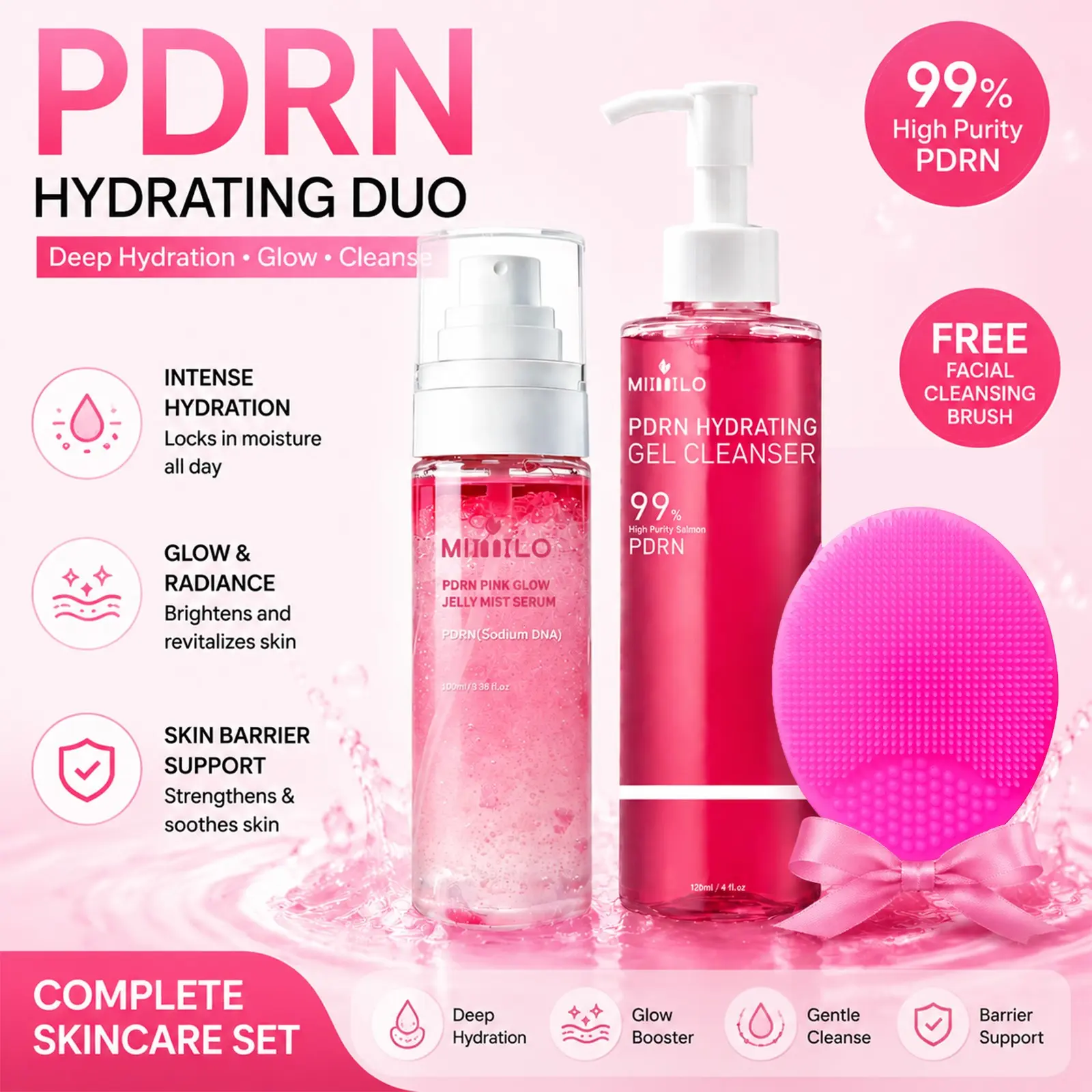 PDRN Pink Glow Jelly Mist Serum 100ml + Hydrating Gel Cleanser 120ml + FREE Facial Cleansing Brush | Moisture, Hydration, Radiance & Glow Skincare Set Moisture Glow Bundle