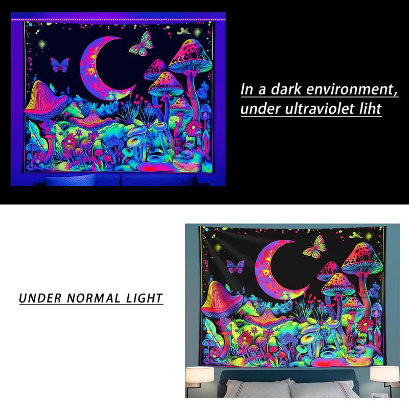Mushroom & Moon & Butterfly Pattern Tapestry, 1 Count UV Reactive Fluorescent Durable Decorative Tapestry, Neon Light Effect Wall Hanging Blanket for Home, Multicolor Decoration Items, Home Goods, Tapestry Wall Mural Mushroom & Moon & Butterfly Pattern Tapestry, 1 Count UV Reactive Fluorescent Durable Decorative Tapestry, Neon Light Effect Wall Hanging Blanket for Home, Multicolor Decoration Items, Home Goods, Tapestry Wall Mural
