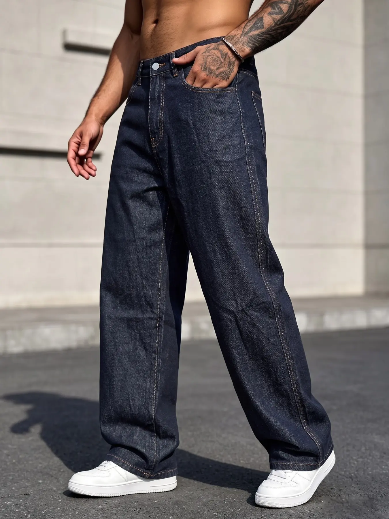 Men's Fashion Simple Dark Wide Leg Straight Jeans, High Street Drop Waist Loose Long Pants, Casual All-Season Essential