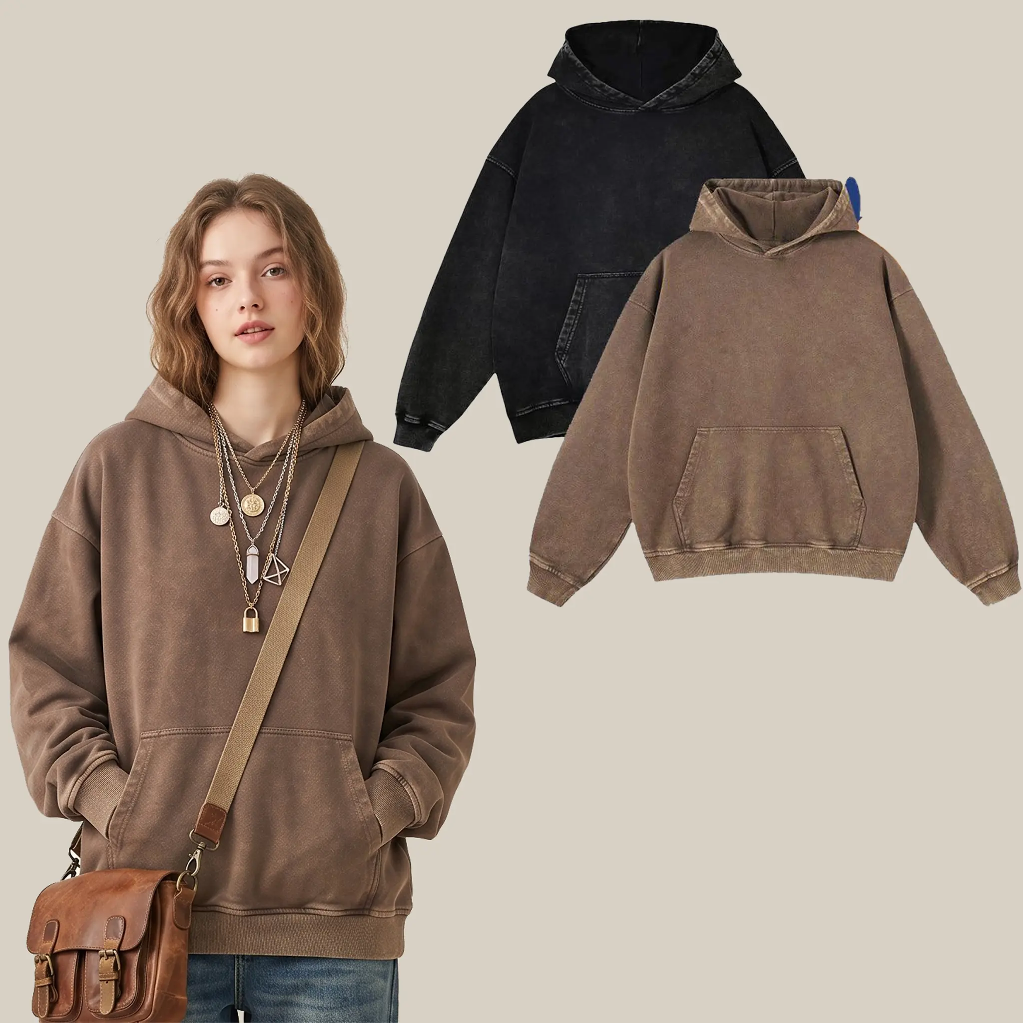 Unisex 2 Pack Oversized Vintage Acid Wash Hoodies Heavyweight Distressed Pullover Sweatshirts for Men Women Couples Y2K Streetwear Casual Loose Fit Baggy Slouchy Comfy Loungewear Fall Winter Fashion Everyday Basic Essential Tops