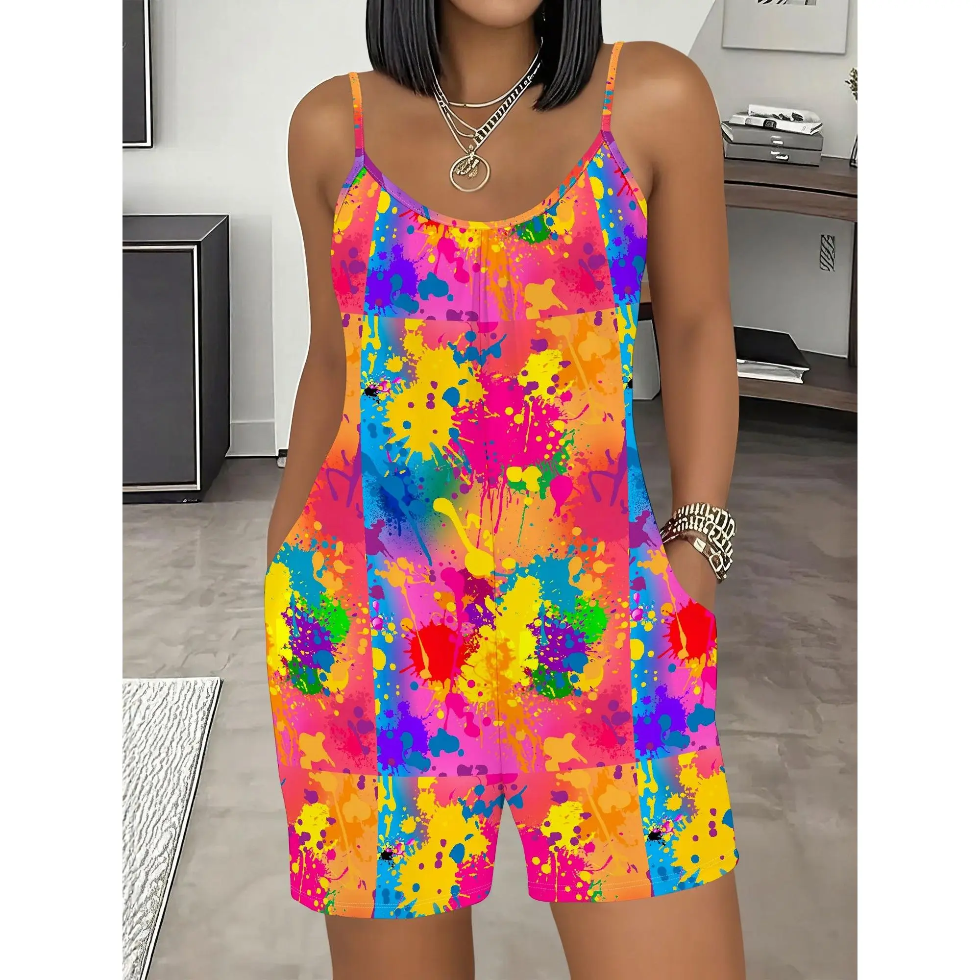 Vibrant Paint Splatter Romper, Colorful Abstract Print Playsuit, Rainbow Art Jumpsuit with Pockets, Casual Summer Outfit for Women S-2XL