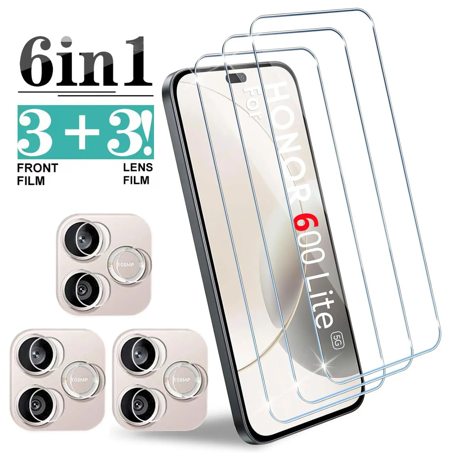 6-In-1 Phone Screen Protector Set, Includes 3 Tempered Glass Films and 3 Lens Protectors, Compatible with Honor 600 Lite/ 600 smart International Edition
