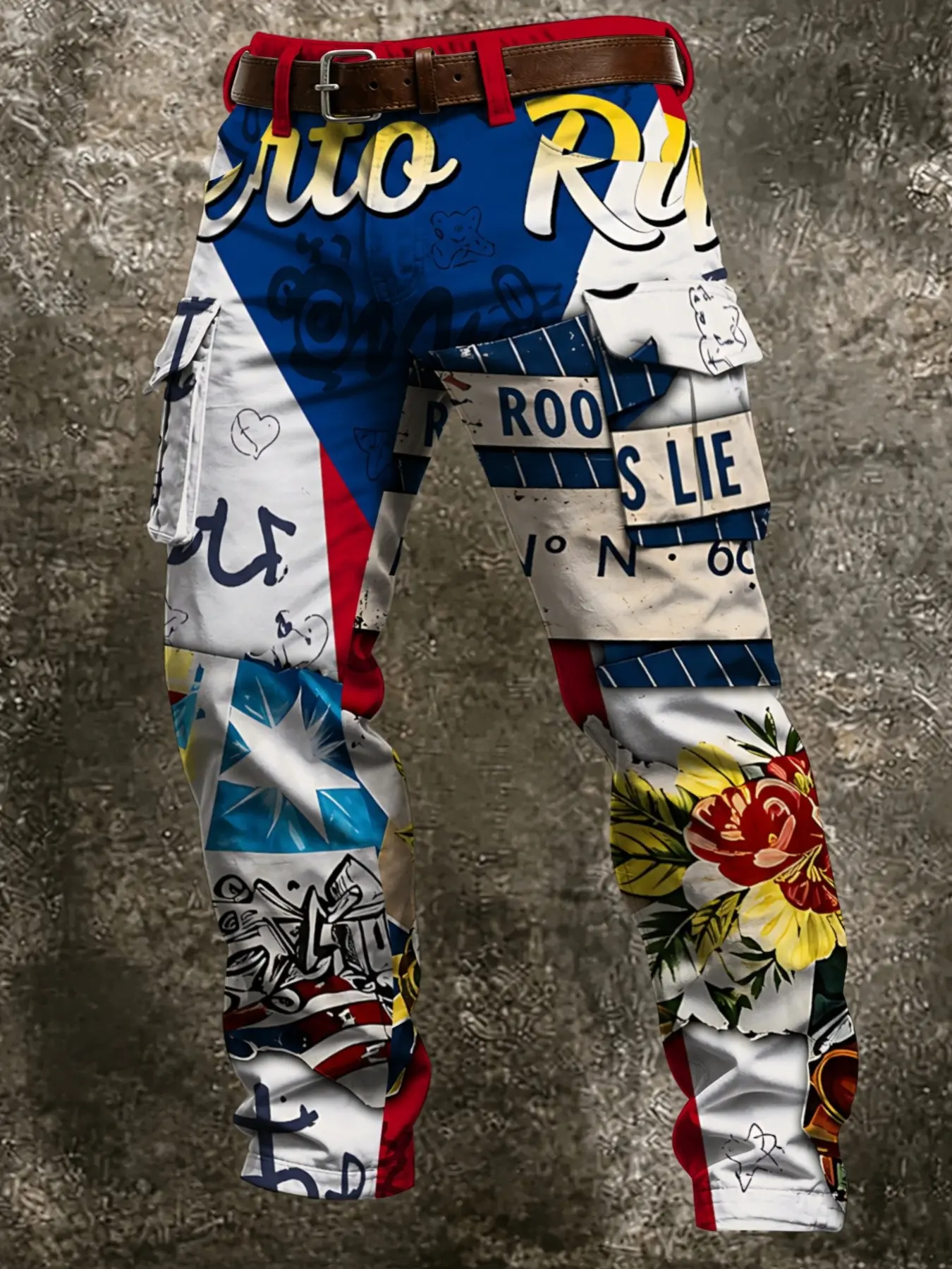 Flag Color Block Patchwork Work Pants, Street Graffiti, Vintage Slogans, Tropical Floral Print, Large Pockets, Casual Long Pants